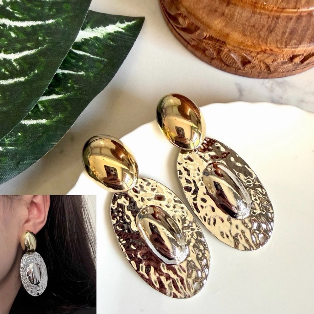 2/$30🌵 Gold Hammered Silver Disc Earrings Oval Bohemian Gift Jewelry NEW